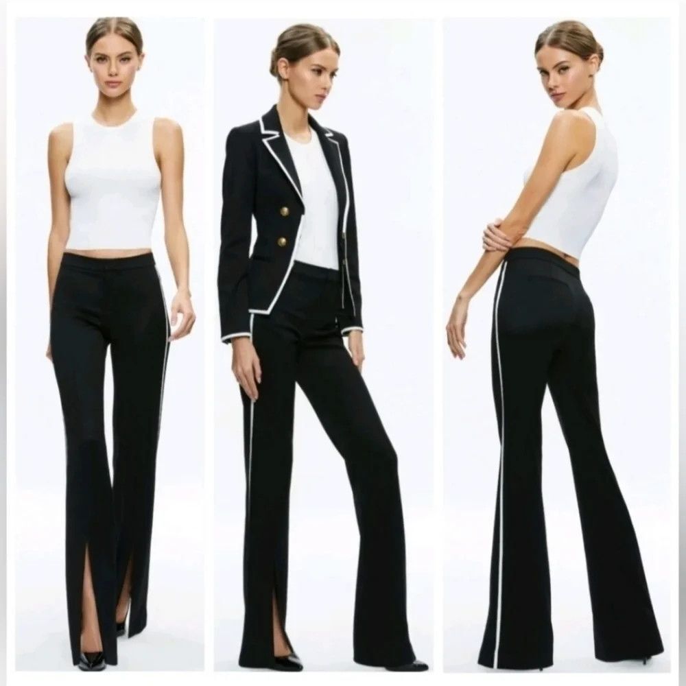 Alice + Olivia Princess Contrast Piping Black Pant Low Rise Flare Trouser Sz 10